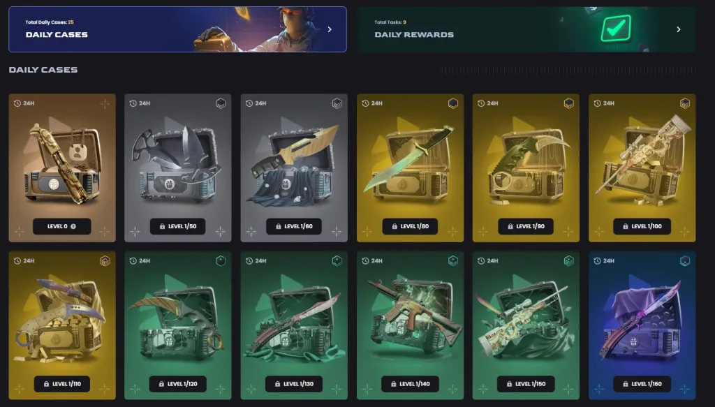 Key-Drop daily cases (25 in all): our new account is level 1, and the locked cases need level 50, 60, 80 and higher.