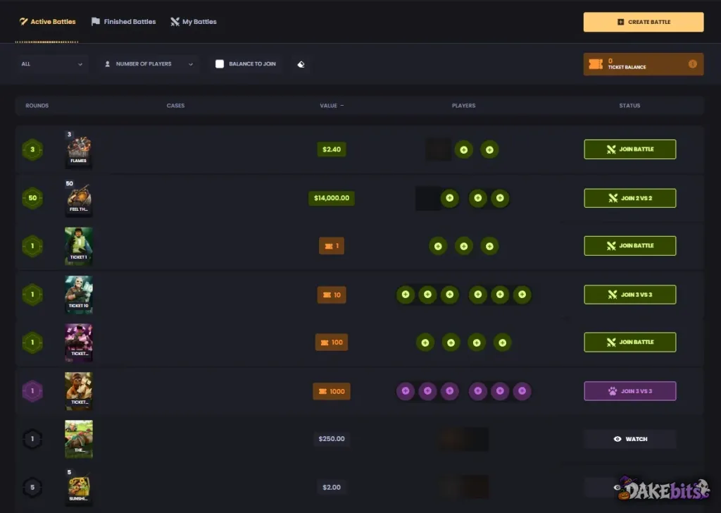 Batallas de cajas en Key-Drop, incluidas las batallas con tickets, en las que entras con tickets de batalla gratis.