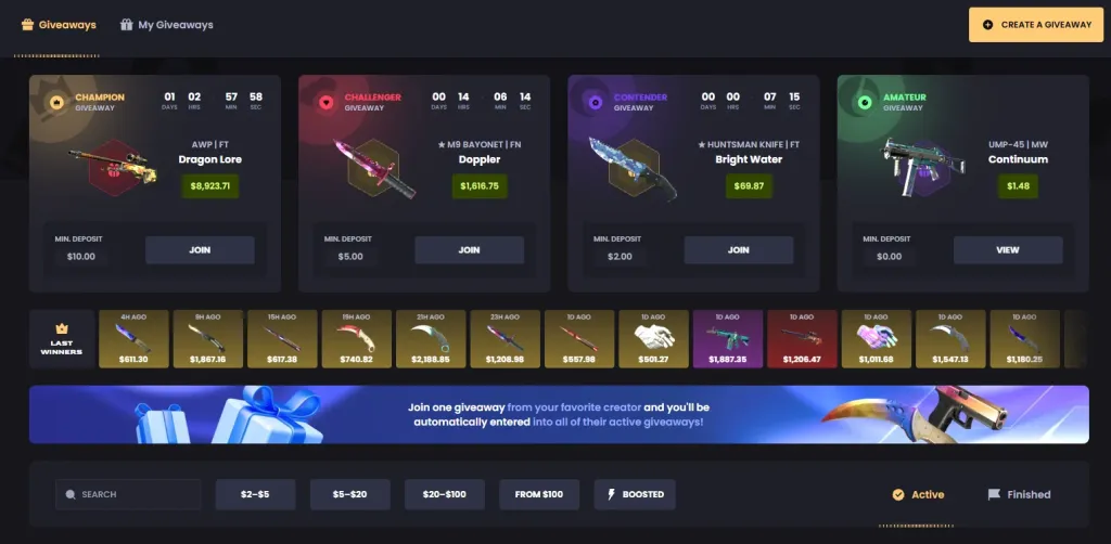 Key-Drop giveaways with the minimum deposit needed to join each one.