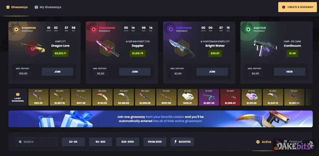 Sorteos de Key-Drop con el depósito mínimo necesario para participar en cada uno.