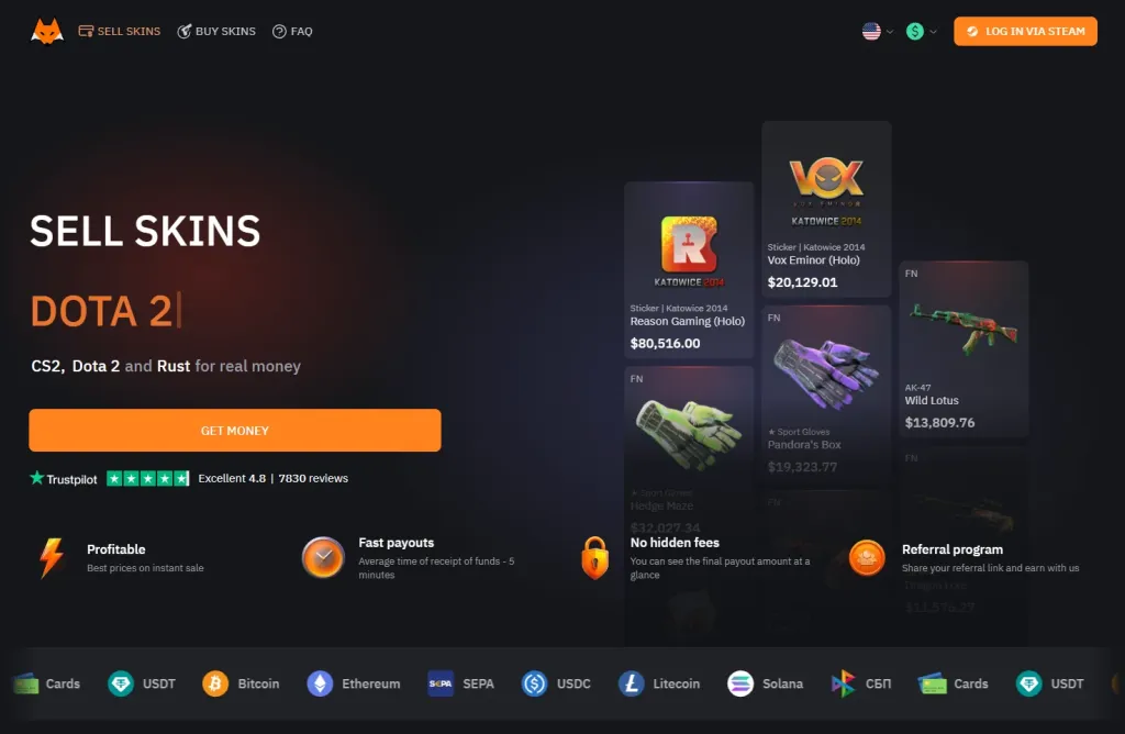 Lis-Skins home page: sell CS2, Dota 2 and Rust skins for real money, with cards, SEPA, SBP and crypto among the payment options.