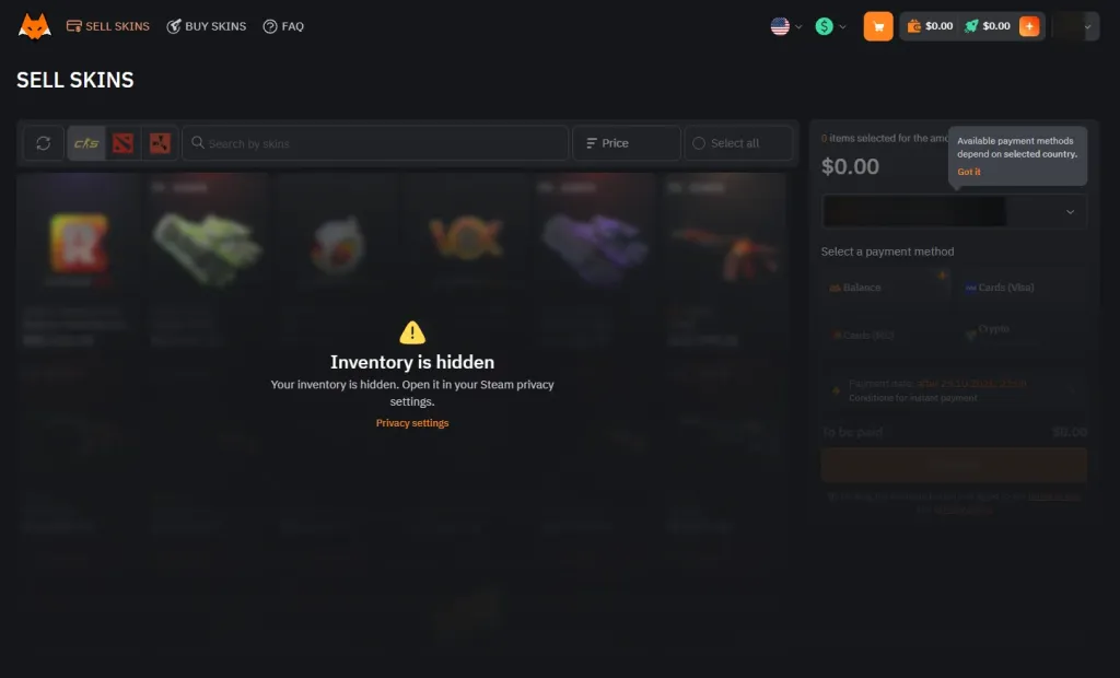 Lis-Skins sell page: payout to balance, Visa or Mastercard cards or crypto, and a delayed payment date for a standard sale.