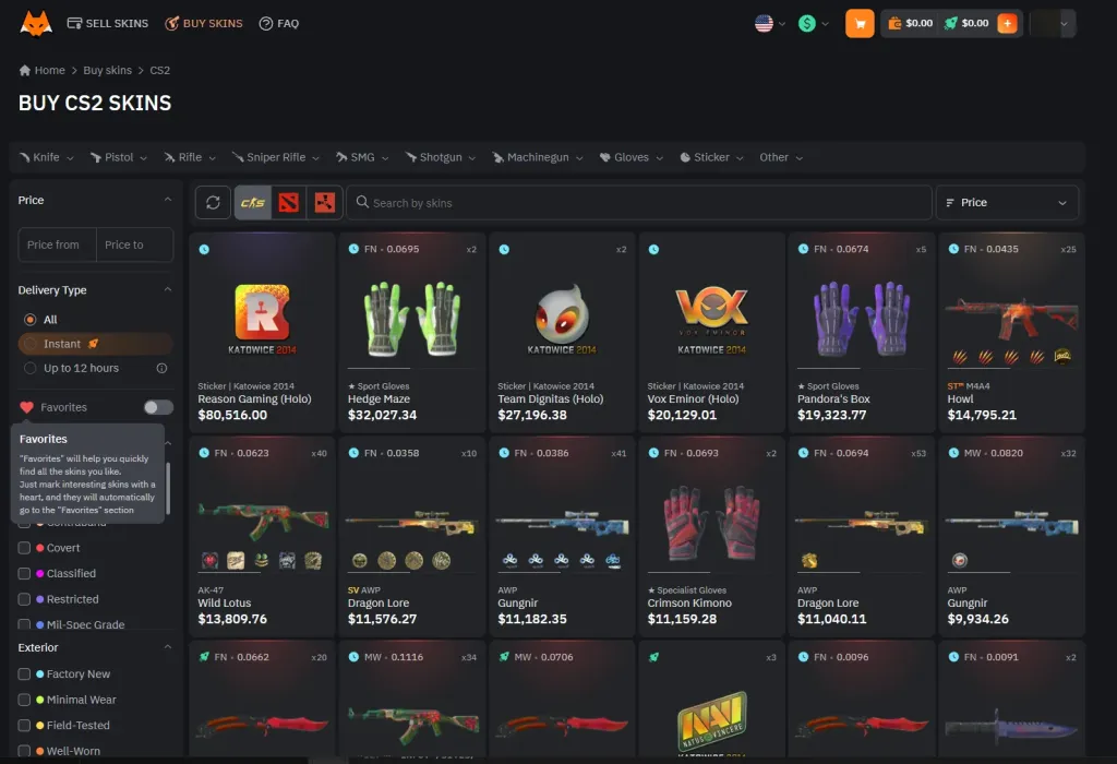 Buying CS2 skins on Lis-Skins: filter by delivery type, instant or up to 12 hours.