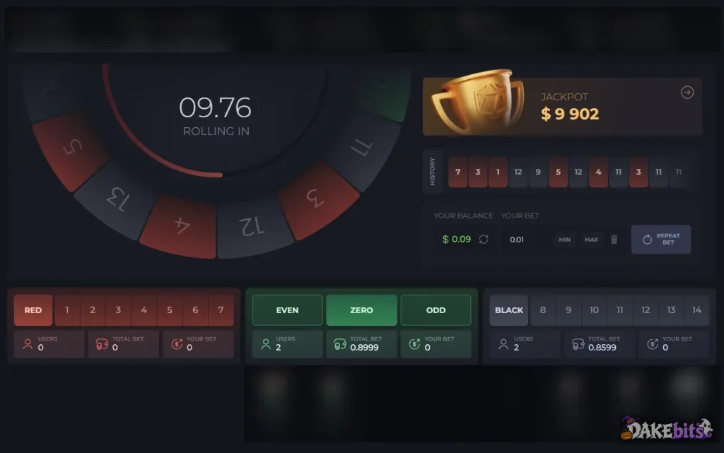 PLG.BET roulette: red or black pays 2x, zero pays 14x; the jackpot stood at $9,902.