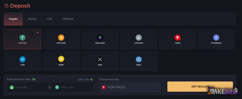 PLG.BET deposits: ten cryptocurrencies, cash, CS2 skins and gift cards; the Tether minimum was $2.