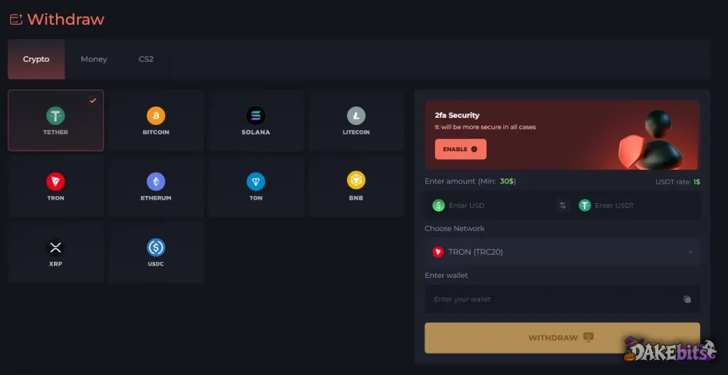 PLG.BET withdrawals: the same coins, cash or CS2 skins; the Tether (TRC20) minimum was $30.