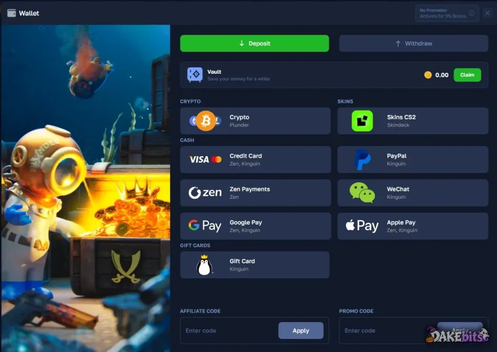 Plunder.gg wallet on our account: crypto, CS2 skins through Skindeck, cards, PayPal, WeChat, Google Pay and Apple Pay through Zen or Kinguin, and Kinguin gift cards. The code goes into “Affiliate code” at the bottom.