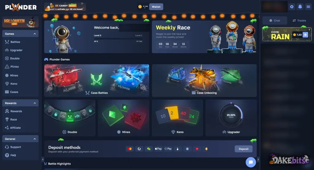 Plunder.gg home page on our account: Case Battles, Case Unboxing, Double, Mines, Keno and Upgrader, the Halloween event and the weekly race.
