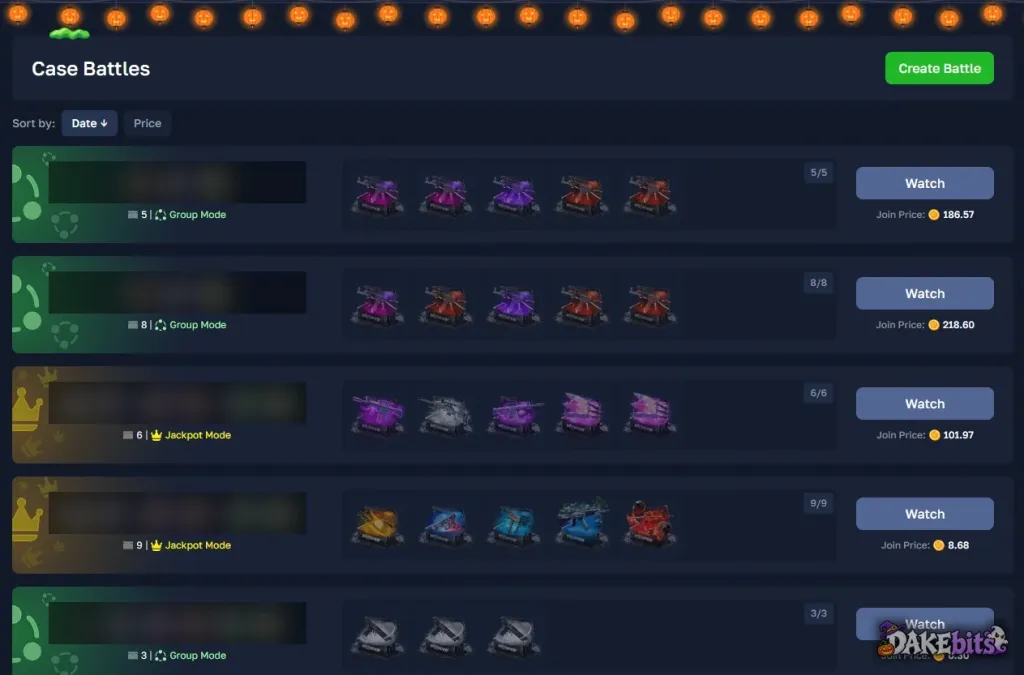 Plunder.gg case battles: Group Mode and Jackpot Mode, with the join price of each battle.