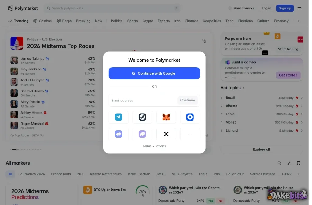 Our link polymarket.com/?r=DakeBits opens Polymarket; the sign-up window offers Google, email, Telegram, Steam and crypto wallets, with no field for a code.