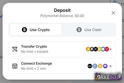 The deposit window on our account: Transfer Crypto (no limit, instant) or Connect Exchange (no limit, about 2 minutes), plus a Use Cash tab.
