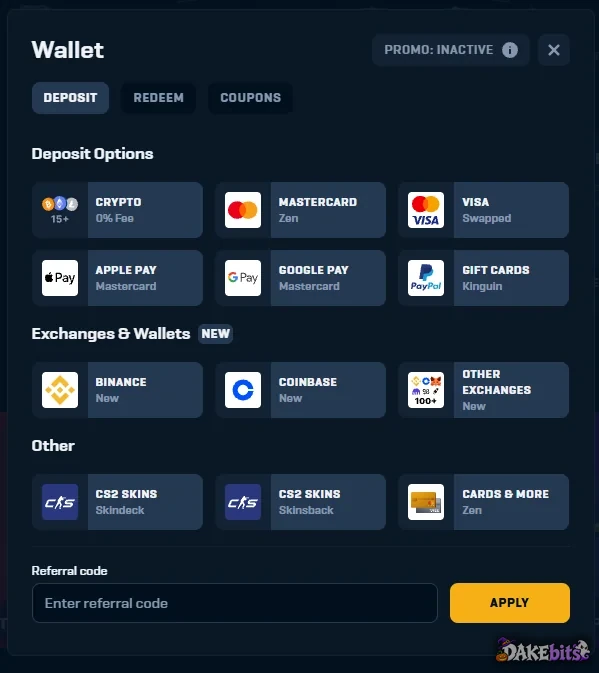 Rain.gg wallet on our account: crypto (15+, 0% fee), cards through Zen, Swapped and Mastercard, Kinguin gift cards, exchanges and CS2 skins. The referral code goes into the field at the bottom.