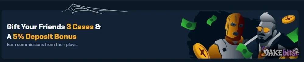 Rain.gg’s affiliate banner: “Gift Your Friends 3 Cases & A 5% Deposit Bonus.”