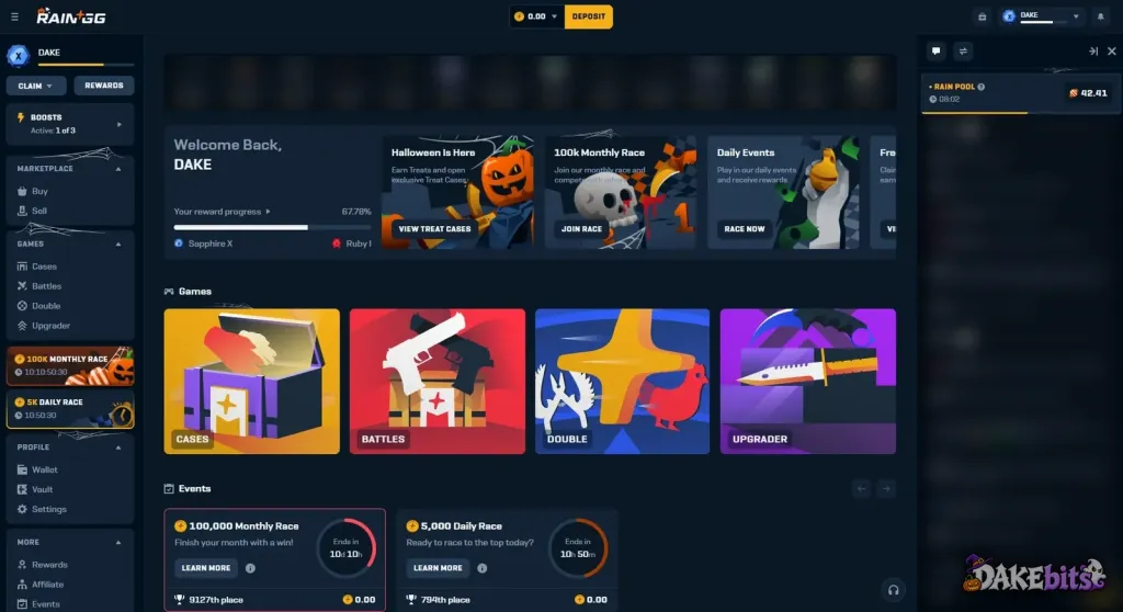 Rain.gg home page on our account: cases, battles, Double, Upgrader, the Halloween Treat cases and the monthly and daily races.