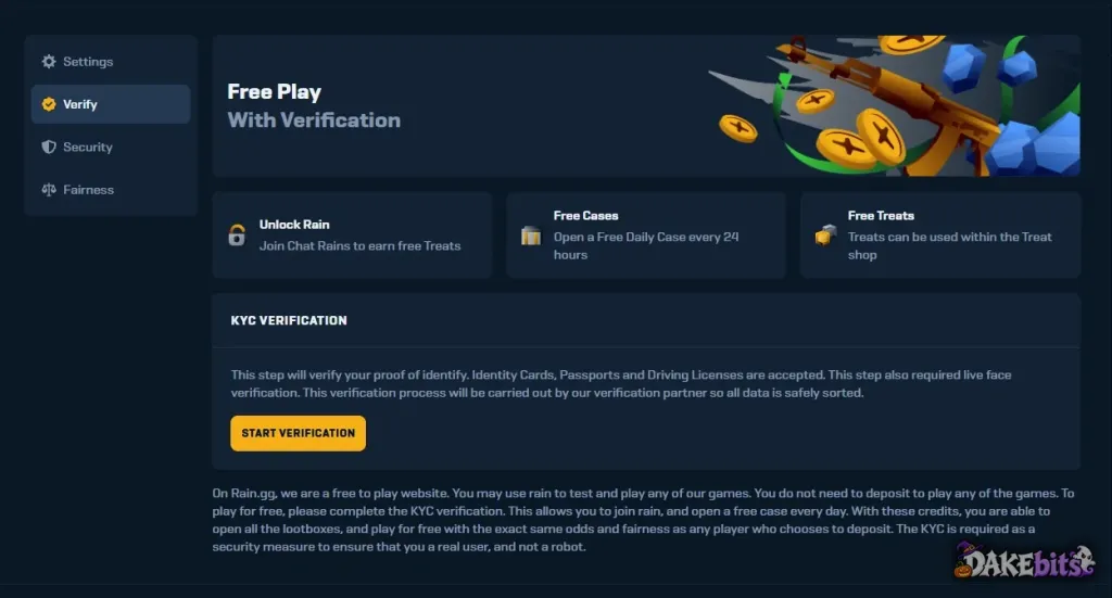 Profile → Verify: the KYC check (ID card, passport or driving licence plus a live face check) unlocks rain, a free daily case and free Treats.