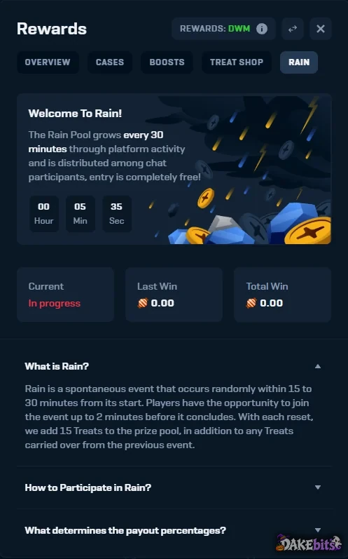 Rewards → Rain: the pool is shared among chat participants about every 30 minutes, and each reset adds 15 Treats.
