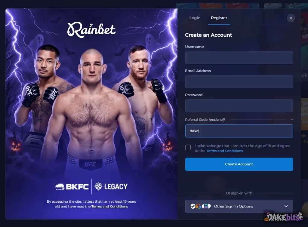 Rainbet sign-up form with our code dake in “Referral Code (optional)”.