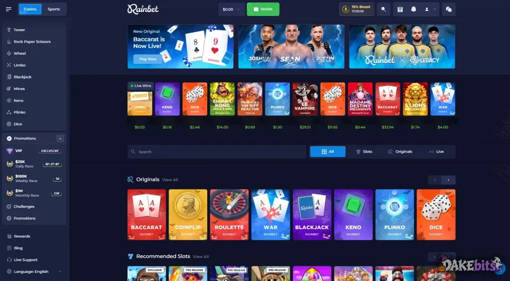 Rainbet home page on our account: Rainbet Originals and the daily, weekly and monthly races in the menu.