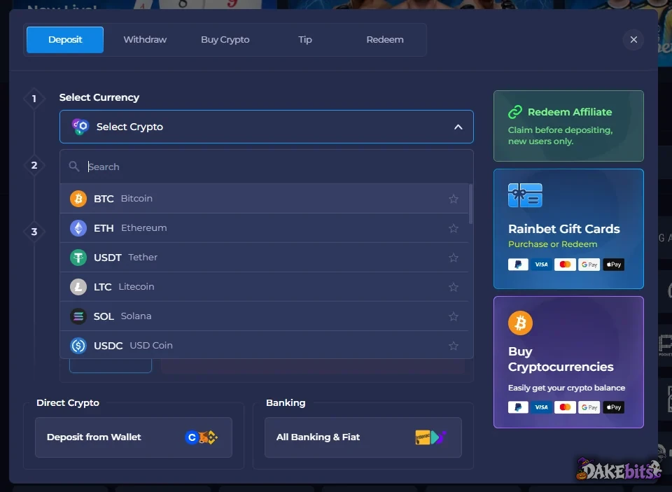Rainbet cashier: crypto deposits, a “Redeem Affiliate” box for new users, gift cards and Buy Crypto.