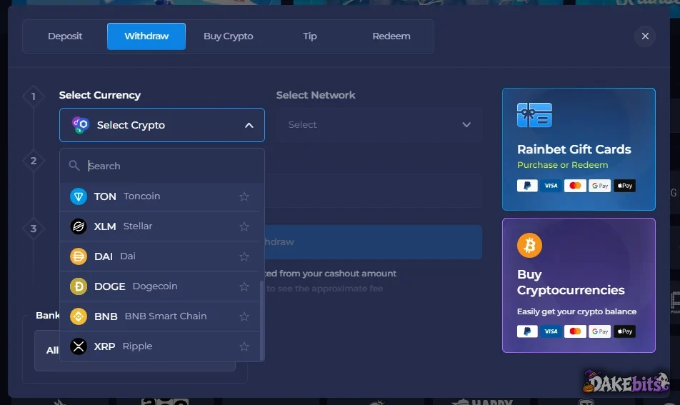 Rainbet withdrawals: pick a coin and a network; the list includes Toncoin, Stellar, Dai, Dogecoin, BNB and XRP.