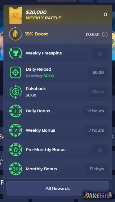 The rewards menu on our new account: a 15% Boost, Daily Reload, rakeback and daily, weekly and monthly bonuses.