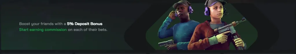 RustClash’s affiliate page: friends who use a creator’s code get a 5% deposit bonus.