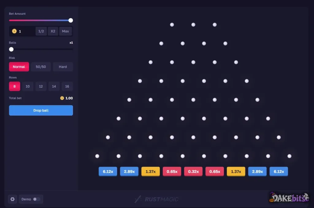 Plinko with Normal, 50/50 and Hard risk and 8 to 16 rows, with a Fairness button in the corner.