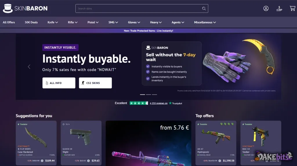 SkinBaron home page on 19 October 2026: a banner for instant listing of trade-protected items with “Only 7% sales fee with code NOWAIT”, valid 13–26 October 2026.
