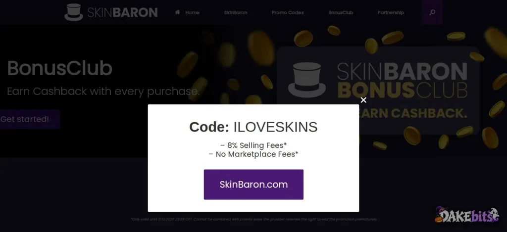 SkinBaron’s own Promo Codes page: code ILOVESKINS for 8% selling fees and no marketplace fees, valid until 31 December 2026 and not with private sales.