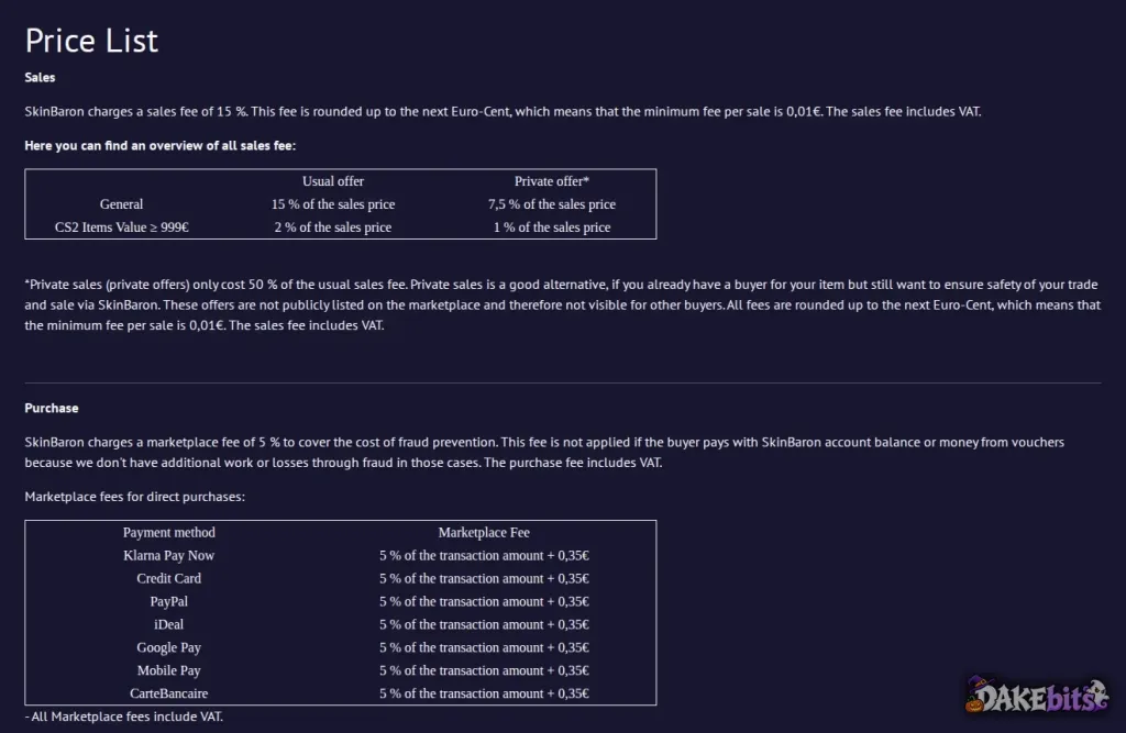 SkinBaron price list: a 15% selling fee (2% on CS2 items worth €999 or more, half for private sales) and 5% + €0.35 on direct card, PayPal and other payments.