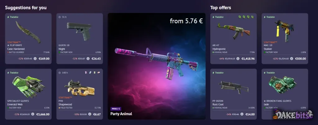 Offers on the SkinBaron home page: each card shows the wear value, the discount against a struck-through Steam-based price, and either “Tradable” or the hours left on a trade lock.