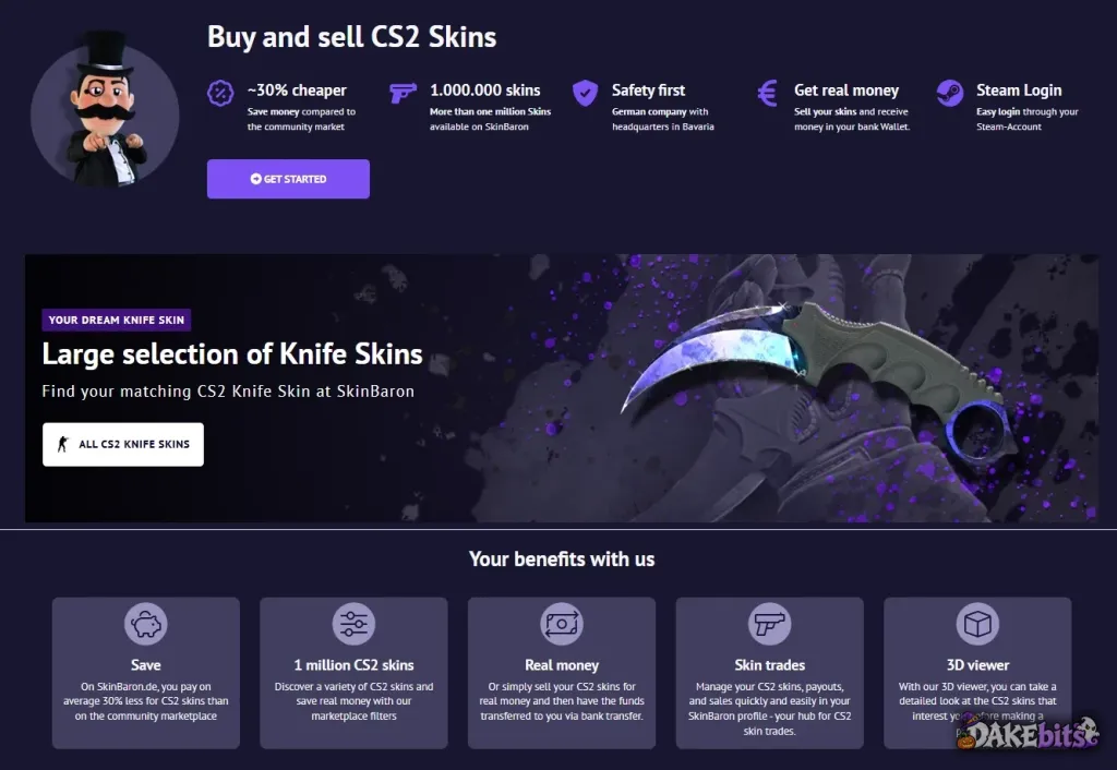 SkinBaron’s own claims on its home page: about 30% cheaper than the Steam Community Market, over a million skins, a German company in Bavaria and payouts by bank transfer.