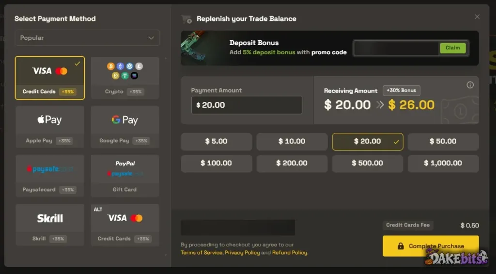 SkinsMonkey deposit window on our account: +35% labels on the payment methods, a promo-code field for an extra 5%, and a $20 card payment that becomes $26.00 (+30%) with a $0.50 card fee.