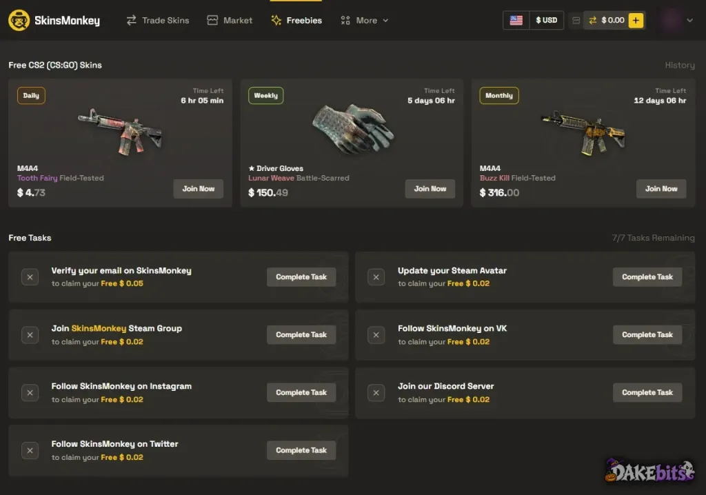 SkinsMonkey Freebies: free daily, weekly and monthly skin giveaways, and seven one-off tasks worth $0.02 to $0.05 each.