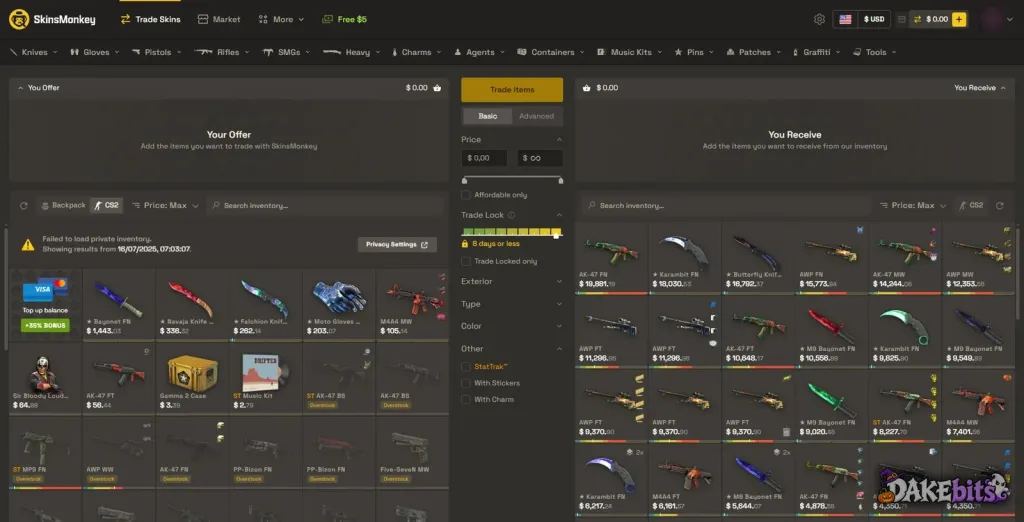 The Trade Skins page on our account: your Steam items on the left, SkinsMonkey’s bot stock on the right, a “Top up balance +35% bonus” tile and a Free $5 tab in the menu.