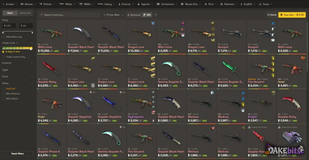 SkinsMonkey Market: CS2 skins with a discount label on each (−31% to −36% here) and a trade-lock filter of 8 days or less.