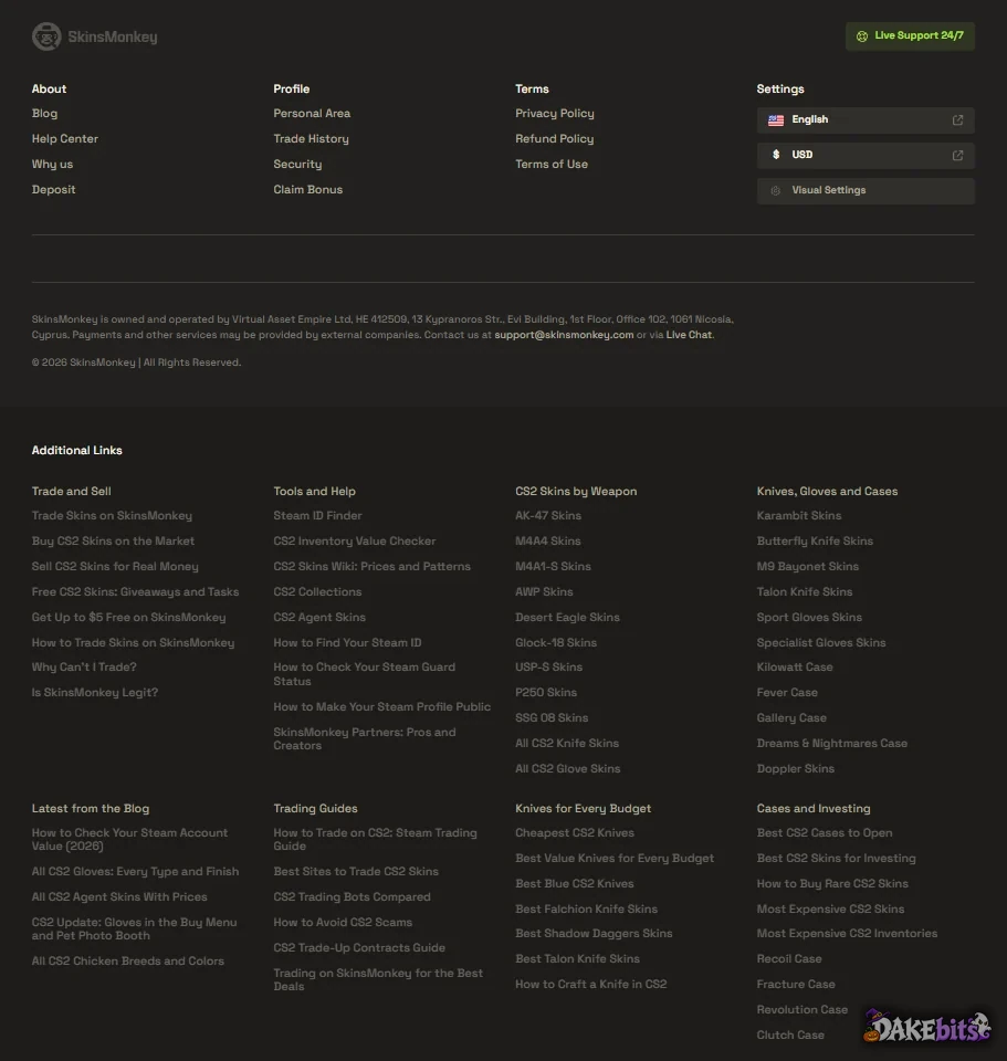 SkinsMonkey footer: the site is run by Virtual Asset Empire Ltd (Cyprus, HE 412509) and links to its terms, privacy and refund policies.