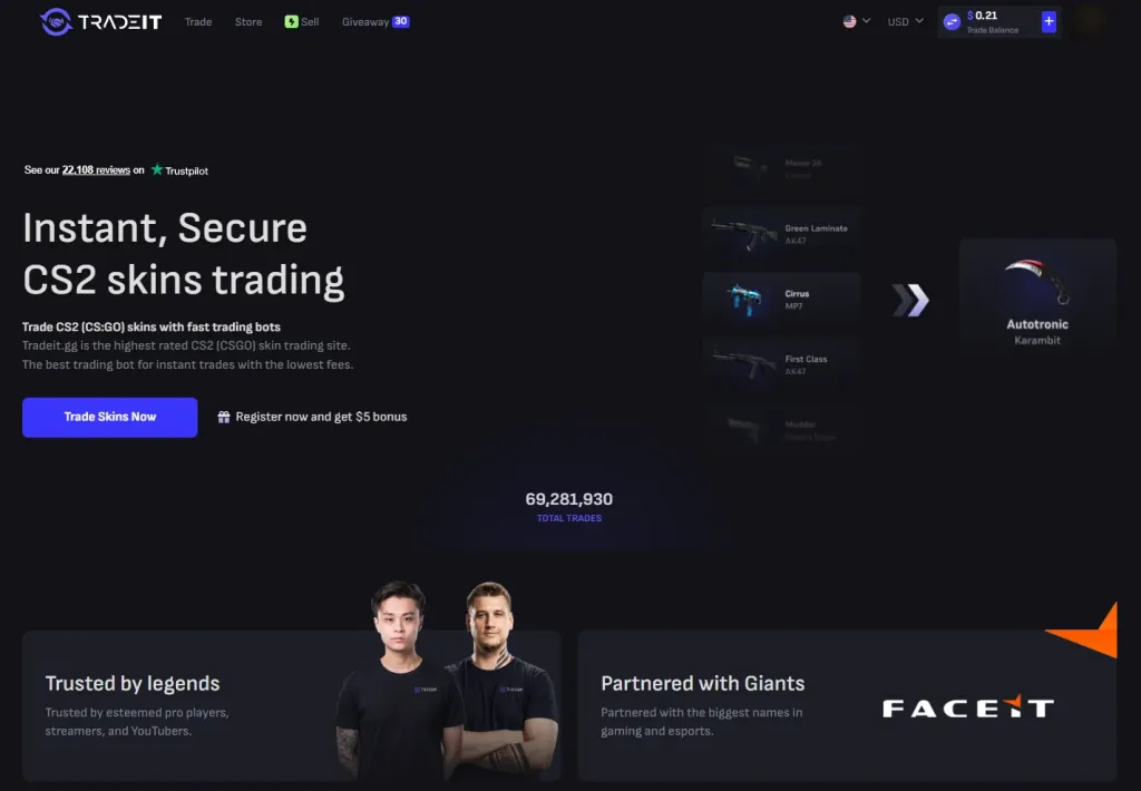 Tradeit home page on our account: “Register now and get $5 bonus”.