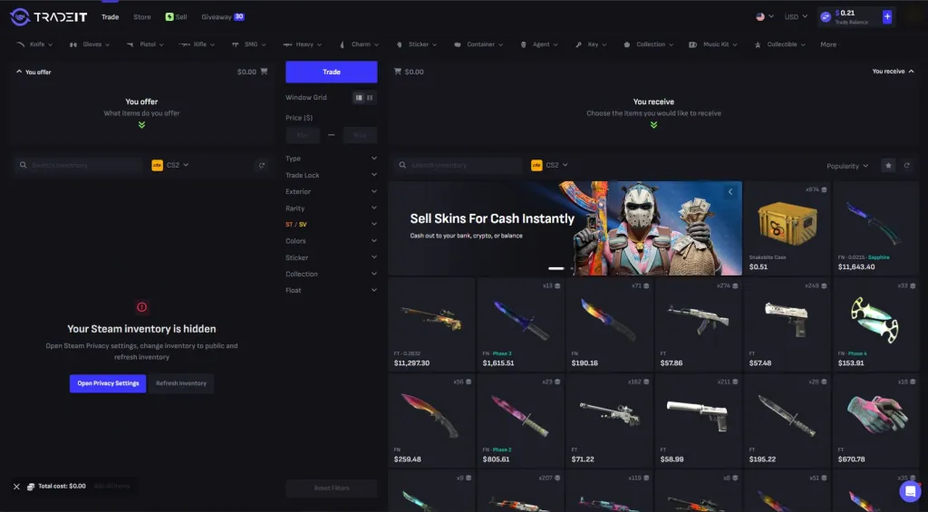 The Tradeit trade screen: your Steam items on the left, the bot inventory on the right.