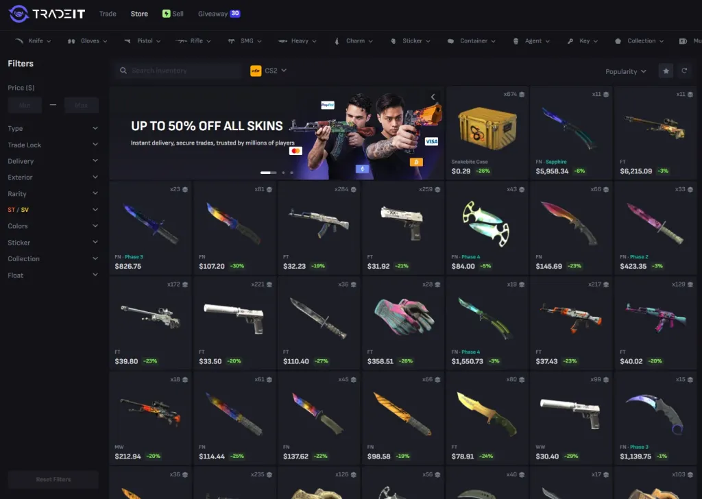The Tradeit store: each skin shows a discount tag, and the banner says “up to 50% off all skins”.