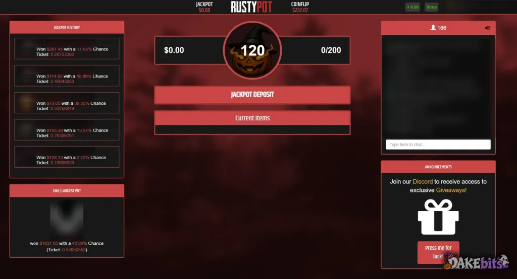Rustypot’s Jackpot page: one pot of up to 200 skins, recent winners and the largest pot of the day.