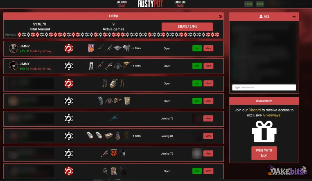 Rustypot Coinflip: open games to join, including two made by the site’s bot “Jimmy”.