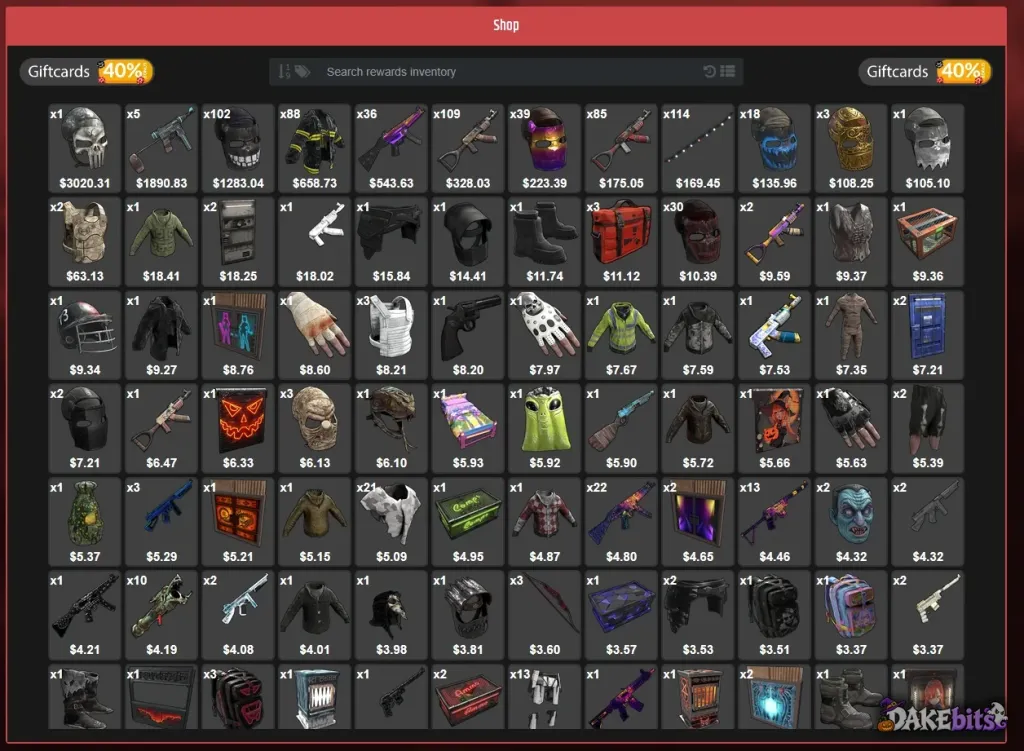 The Grub shop: Rust skins you can take with Grub Bucks. Gift cards showed a 40% Grub bonus.